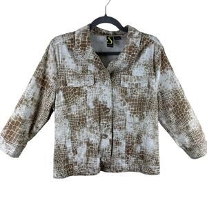 Spartelle Brown White Print 3/4 Sleeve Lightweight Cotton Button Up Jacket Sz L